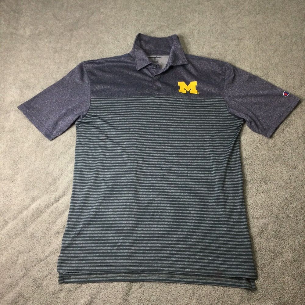 Michigan Wolverines Polo Shirt Men's Medium Blue Stretch Short‎ Sleeve